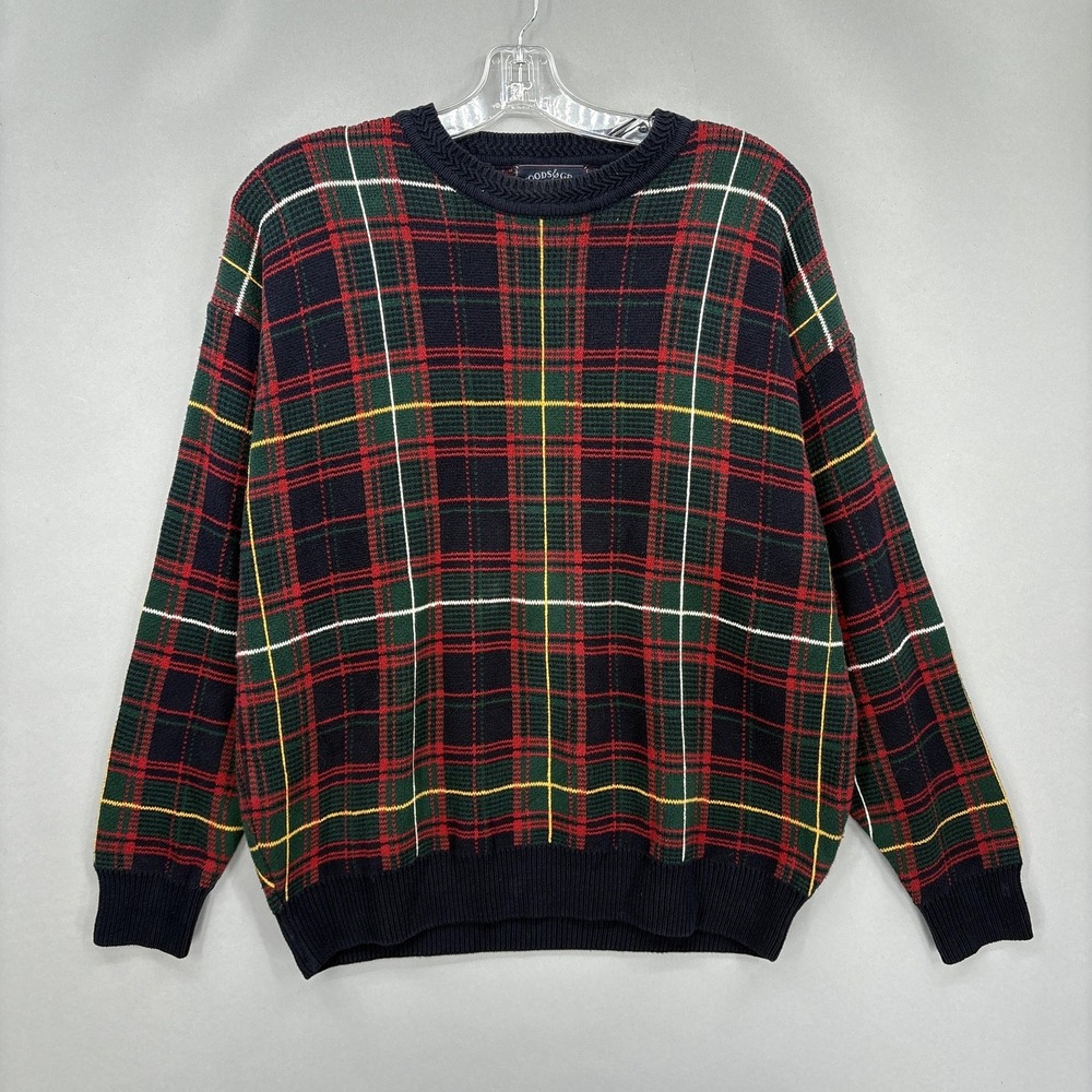 VTG‎ Woods & Gray Sweater Mens Large Red Green Tartan Plaid Crewneck Cotton Knit